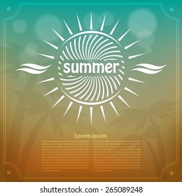 Yellow-blue background with palm trees and sun. Vacation. Retro. Vector illustration.