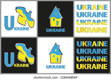 Gelbe blaue Taube und Haus in Herzform und die Buchstaben UKRAINE einzeln auf Schwarz und Weiß. Der Begriff des Friedens, der Heimat, der Unabhängigkeit, der Würde.