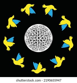 Yellow-blue doves flying around the globe from white threads on a black background. Flat illustration for logo, emblem