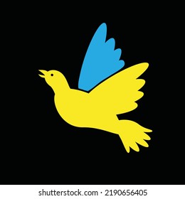 Yellow-blue doves flying on a black background. Flat illustration for logo, emblem