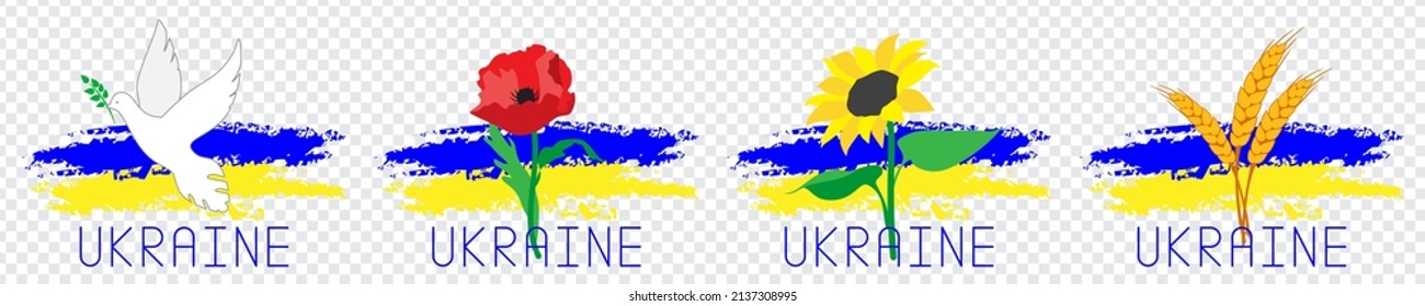 The yellow-blue flag of Ukraine with a white dove, a poppy flower, an ear of wheat, a sunflower and an inscription. Avatar, logo, emblem, symbol. Set of isolated vector illustrations on a transparent 
