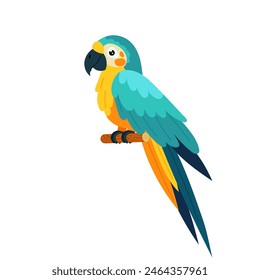 Yellow-blue parrot in flat style. Colorful exotic bird on a white background. A tropical parrot sits on a perch.