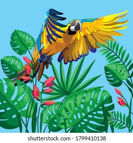 Yellow-blue parrot flying over the tropics.