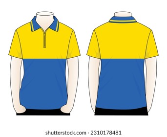 Yellow-blue short sleeve polo shirt design on white background.Front and back view, vector file