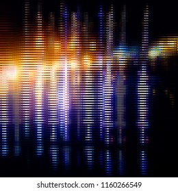 Yellow-blue striped glitter background with glitch effect. Colorful bright mosaic vertical strips on black. Stretched color effect. Vector illustration.