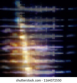 Yellow-blue striped glitter background with glitch effect. Colorful bright mosaic horizontal strips on black. Stretched color effect. Vector illustration.
