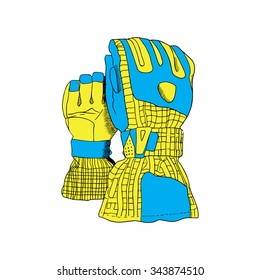yellow-blue winter gloves