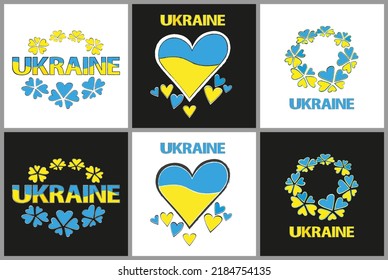 Gelb-blaue Blumenreste in Herzform und die Buchstaben UKRAINE, ein Herz mit nationaler Flagge einzeln auf Schwarz und Weiß. Das Konzept des Friedens, der Unabhängigkeit, der Würde.