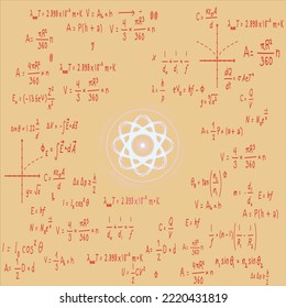 Yellowboard inscribed with scientific formulas and calculations in physics and mathematics.