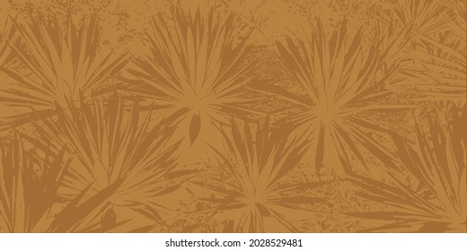 Yellow-brown background with silhouettes of southern plants. Abstract template with pineapple leaves. Vector illustration.