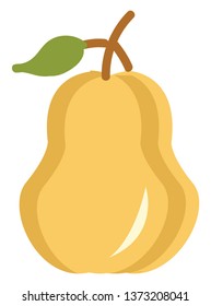 Yellow-colored cartoon pear fruit with green leaves and a small brown stalk that has no leaves vector color drawing or illustration 