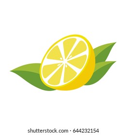 Yellowe lemon slice with leafs isolated on white background.