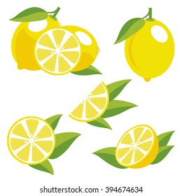 Yellowe lemons with leaves. Collection of different fresh lemons.