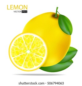 Yellowe lemons with leaves. Collection of different fresh lemons.