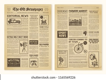Yellowed realistic newspaper pages in vintage design with headers of different font vector illustration