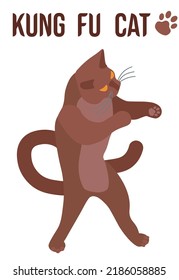 Yellow-eyed brown cat standing and in kung fu fighting stance. Vector illustration isolated on white background.