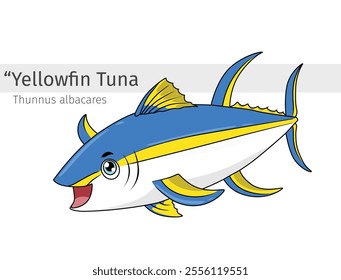 Yellowfin Tuna Cartoon illustration. marine animal isolated. Animal cartoon collection. Cartoon character isolated