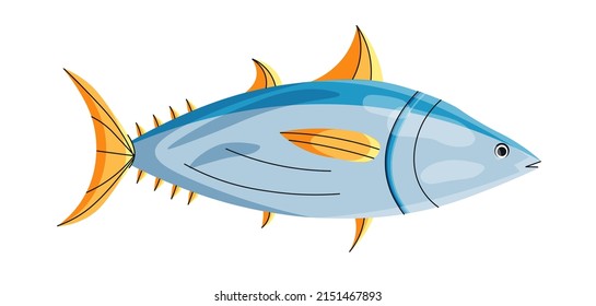 Yellowfin Tuna Fish In Cartoon Style. Underwater Life