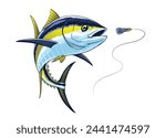 Yellowfin Tuna Fish Catching the Fishing Lure Realistic Illustration