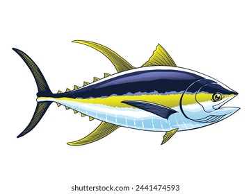 Yellowfin Tuna Fish Colored Illustration Vintage