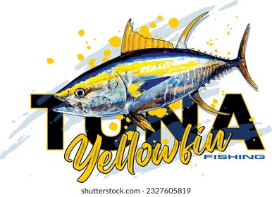 Yellowfin Tuna Fish Swim Fast Realistic Illustration and Text 