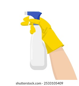 Yellow-Gloved Hand Holds Detergent Spray Bottle, Isolated On White Background. Vector Illustration