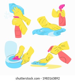 Lávese las manos con guantes amarillos y limpie varias superficies. Ilustración sobre el tema de la limpieza y desinfección.