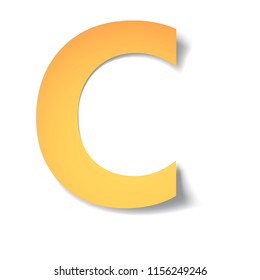 yellow-gold letter C carved from paper with soft shadow.Vector origami