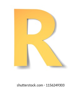 yellow-gold letter R carved from paper with soft shadow.Vector origami