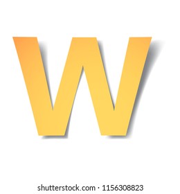 yellow-gold letter W carved from paper with soft shadow.Vector origami