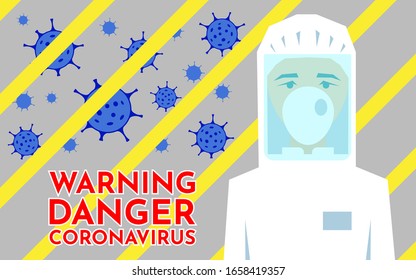 Gelbgrauer Hintergrund mit Virusmolekülen.Coronavirus in China. Neuartige Erkrankung (2019-nCoV) Arzt, Frau, Mann mit weißer medizinischer Gesichtsmaske, Hut und Schutzanzug. Konzept des Coronavirus. Flachdesign