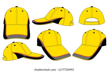 Yellow-gray-black baseball cap with red piping lines, adjustable hook-loop strap fastener design on white background, vector file.