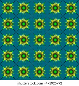 Yellow-green abstract flowers. Sunflowers in an azure background for the pattern.