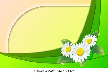 Fondo amarillo-verde con forma de onda verde y flores de crisantemo para la plantilla de marco. Ilustración vectorial.