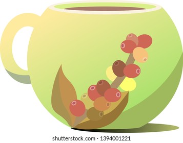 Yellow-green coffee mug. Figure in the form of a sprig of coffee tree.