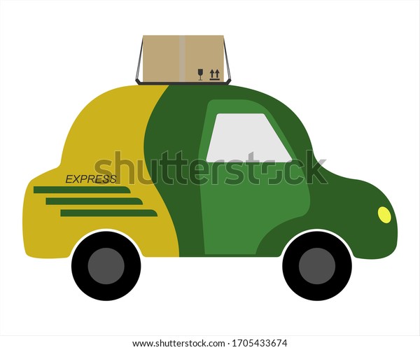 Yellow-green express delivery car with a\
cardboard box isolated on a white\
background