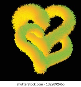 Yellow-green fluffy hearts on a black background.