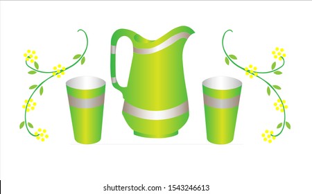 Yellow-green glasses and a jug of milk. Branches of mimosa. Isolated objects