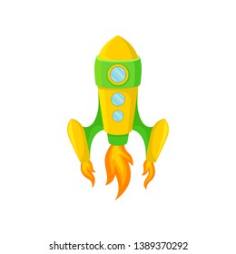 Yellow-green rocket with windows. Vector illustration on white background.