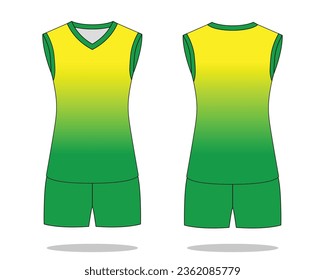 Jersey de voleibol sin mangas amarillo-verde con diseño de estilo de impresión degradado sobre fondo blanco.Vista frontal y trasera, archivo vectorial.