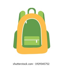 
Yellow-green sports backpack for travel, comfortable shoulder bag, vector icons in flat style on a white background.