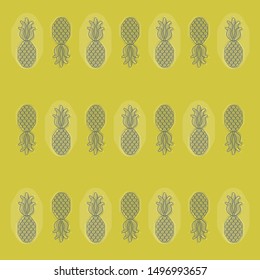 Yellowish background with pineapples arranged in a row. Tropical composition with the effect of the glitch. Pineapples are made in the contour technique of purple.