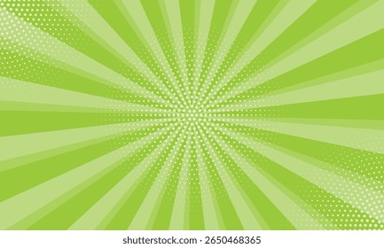 Yellowish green abstract background with light of sunburst. Abstract starburst with halftone. Sun ray retro background with flash,