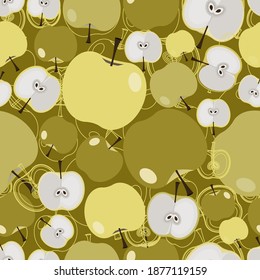 Yellowish green big and small apples with an outline sketch on a khaki green background seamless vector pattern. Fresh simple modern design