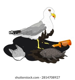 Yellow-legged gull Larus michahellis with fish and plastic pollution vector illustration