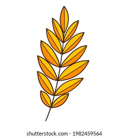 Yellow-orange abstract twig with leaves. A blade of grass. Autumn time. Botanical, plant design element with outline. Doodle, hand-drawn. Flat design. Color vector illustration. Isolated on white