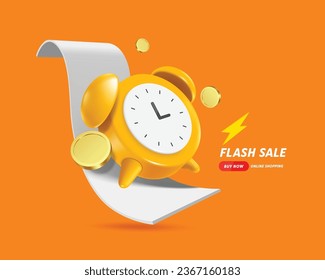 Yellow-orange alarm clock alerting flash sale promotion limited time promotion and gold coins or money coins floating around and all object place on receipt paper, vector 3d isolated for advertising