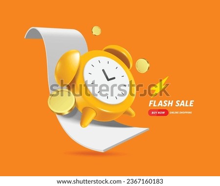 Yellow-orange alarm clock alerting flash sale promotion limited time promotion and gold coins or money coins floating around and all object place on receipt paper, vector 3d isolated for advertising