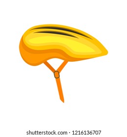 Yellow-orange bicycle helmet. Protective hat for cyclist. Headgear for personal safety. Sports equipment. Flat vector icon