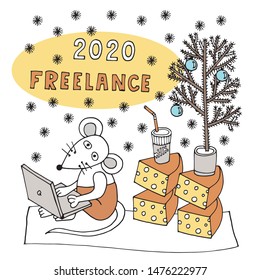 yellow-orange card with a white mouse freelancer with a laptop computer, cheese and a milk cocktail and a Christmas tree on a white background and the word Freelance 2020